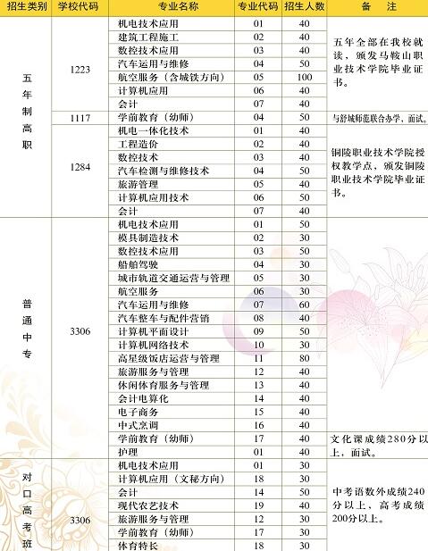 铜陵市理工学校、招生计划