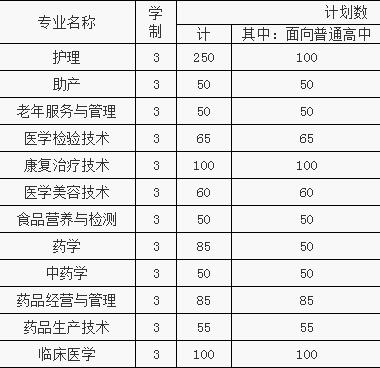 六安卫生学校、招生计划