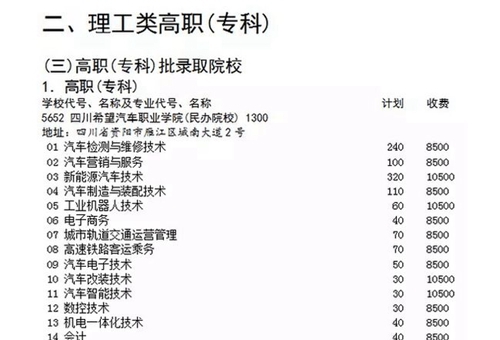 四川希望汽车职业学院理工类高职学费