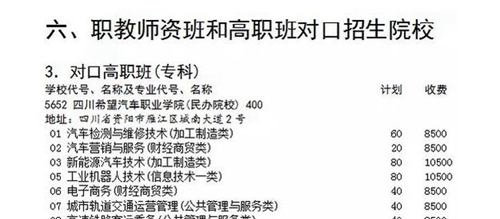 四川希望汽车职业学院对口高职收费标准